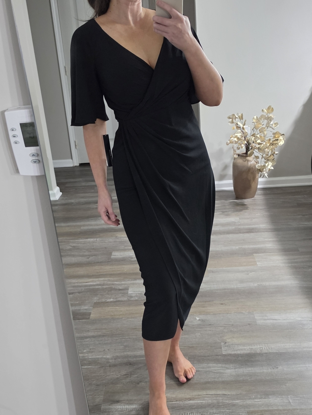 Maggy London Black Wrap-Style Midi Dress